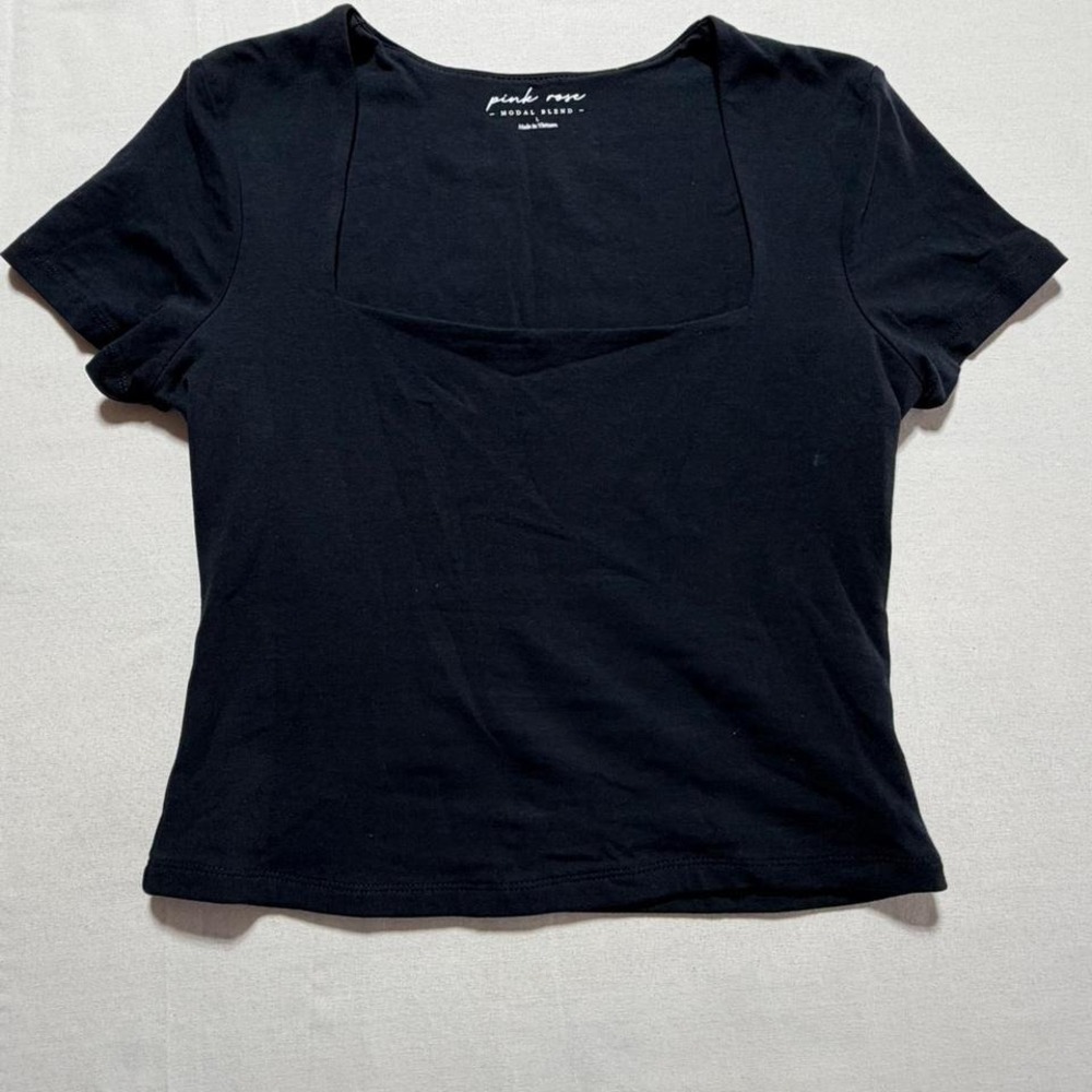 Pink Rose Ribbed Short Sleeve Large Black Coquette Balletcore, Minimalist, Girly